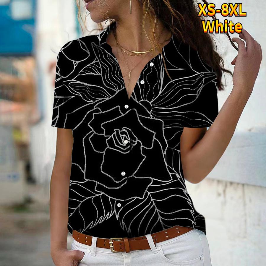 2025 Summer New Fashion Women's Flower Printed Short Sleeve V-neck Casual Button-down Shirt Top