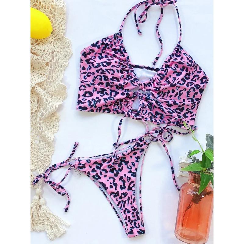 Sexy High Cut Leopard Bikini Women Thong Swimwear Female Swimsuit Two-pieces Bikini set Lace Up Bather Bathing Suit Swim Lady
