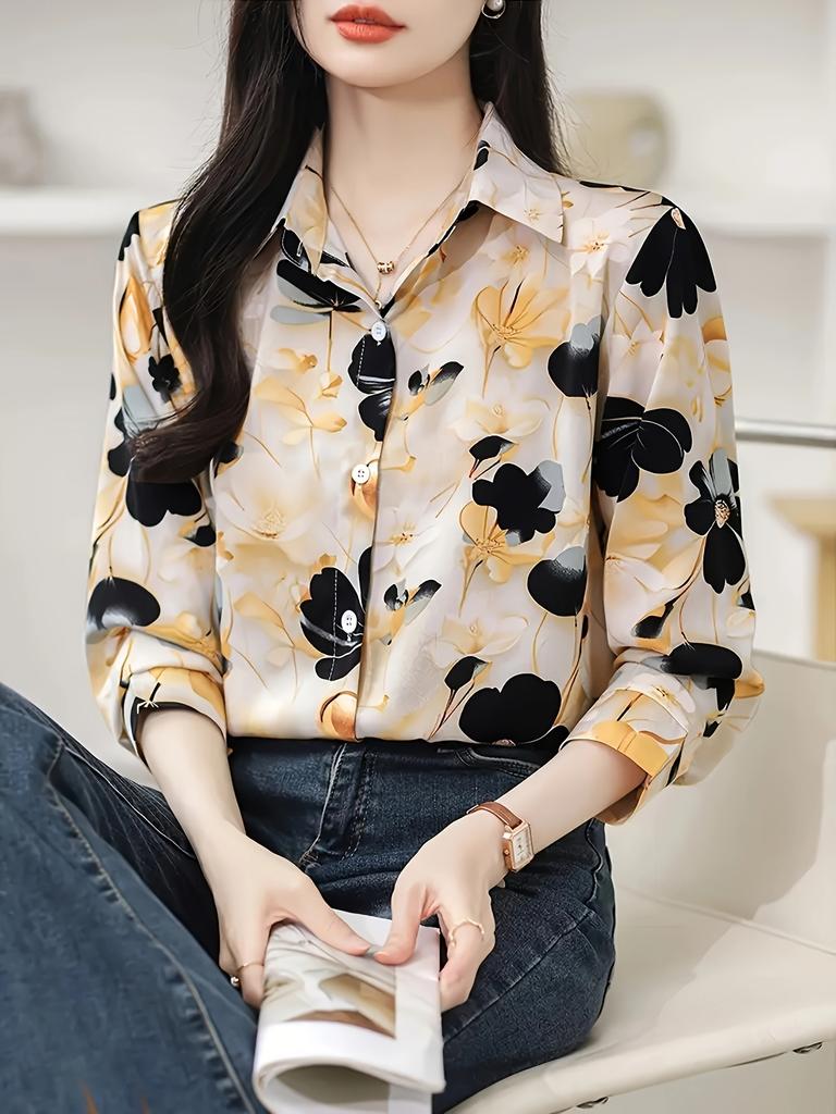Floral print elegant special project lapel long sleeve shirt women's top spring and autumn new shirt fashion women's clothing