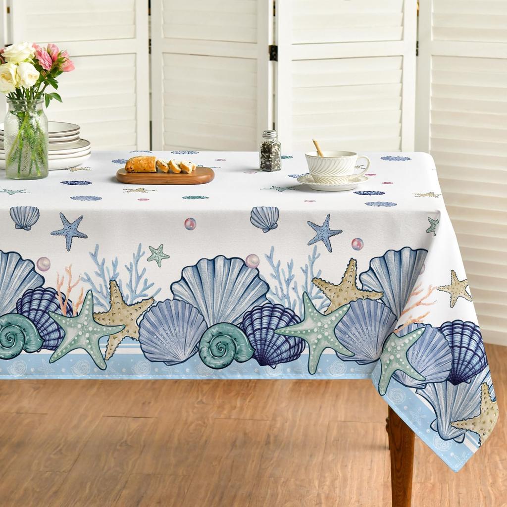 Summer Sealife Conch Starfish Rectangle Waterproof Tablecloth Party Decor Washable Kitchen Dining Tablecloth Picnic Dinner Decor