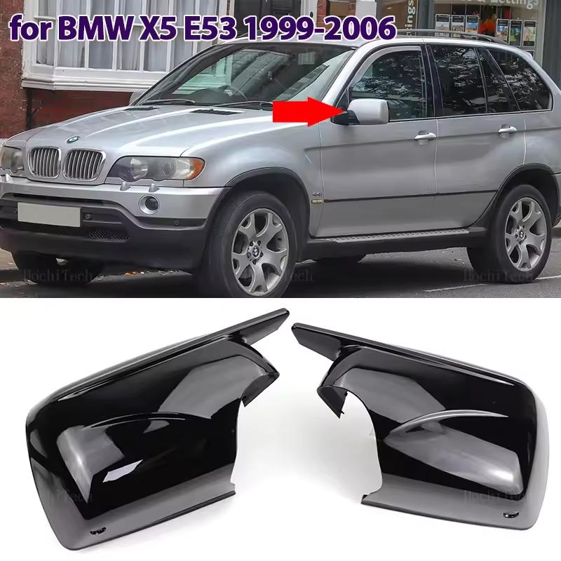 2 stücke 2024 Neue M Look Spiegelabdeckungen für BMW X5 E53 1999-2006 Glänzend Schwarz Rückspiegel Seitenspiegel Abdeckkappen