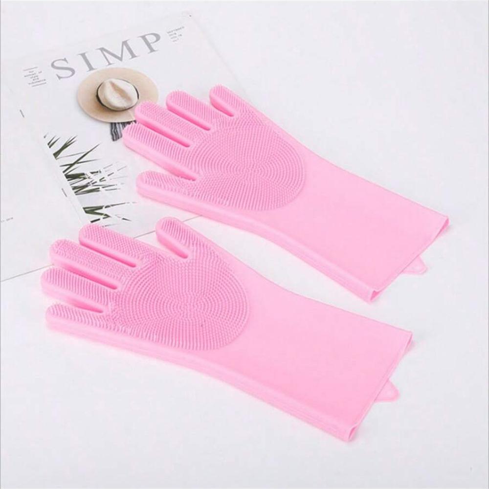 1 Pair Magic Silicone Cleaning Gloves non-slip Dishwashing Glove Double-sided Wear Gloves for Home Kitchen розовый