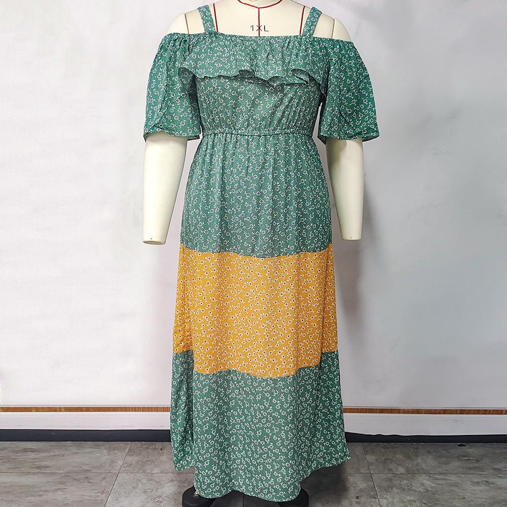 Plus Size Women Spring Summer Sling Ruffled Contrast Color Loose Floral Long Dress XL-4XL