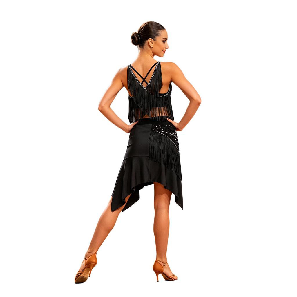 Women‘s Latin Dance Set V Neck Sleeveless Fringe Top Crisscross Back with Irregular Hem Color Block Skirt for Cha Cha Tango Stage Show