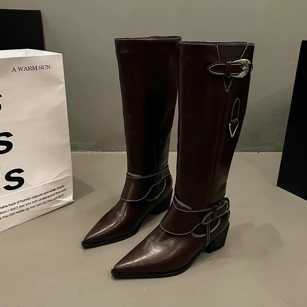 Women Chelsea Long Boots Pointed Toe Buckle Luxury High Heels 2024 Shoes Autumn New Trend Gladiator Women Knee High Botas Pumps