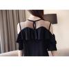 Summer Women's Round Collar Mesh Chiffon Blouse Short Sleeve Ruffles Tops Sexy Off Shoulder Shirt Solid Color Clothes