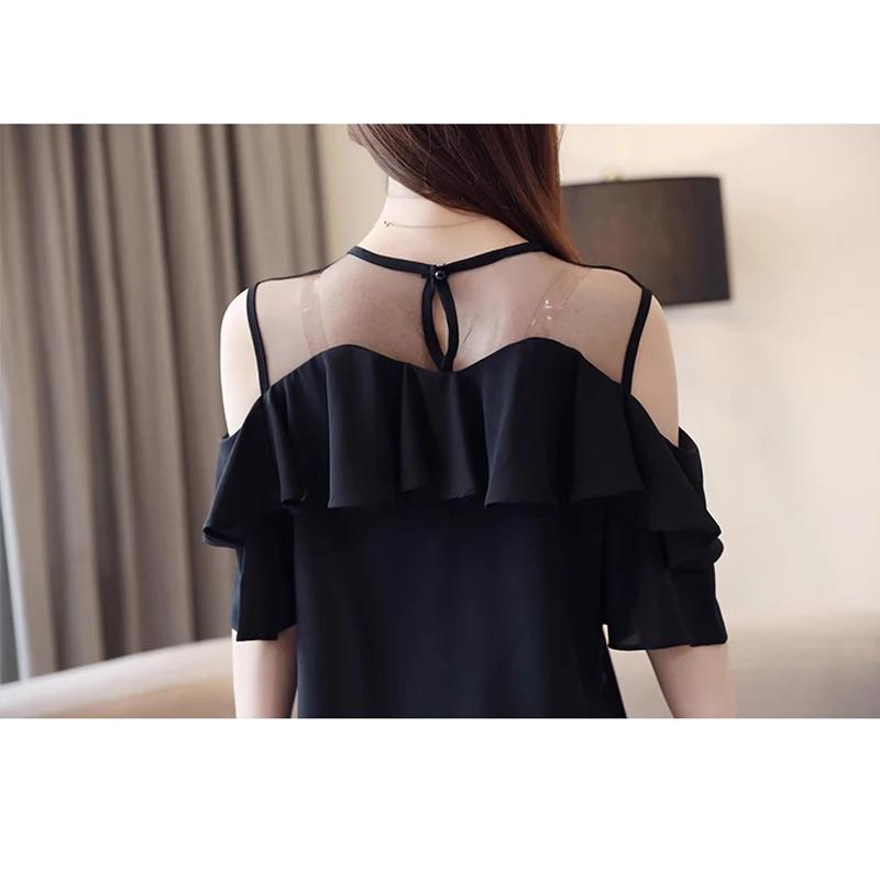 Summer Women's Round Collar Mesh Chiffon Blouse Short Sleeve Ruffles Tops Sexy Off Shoulder Shirt Solid Color Clothes