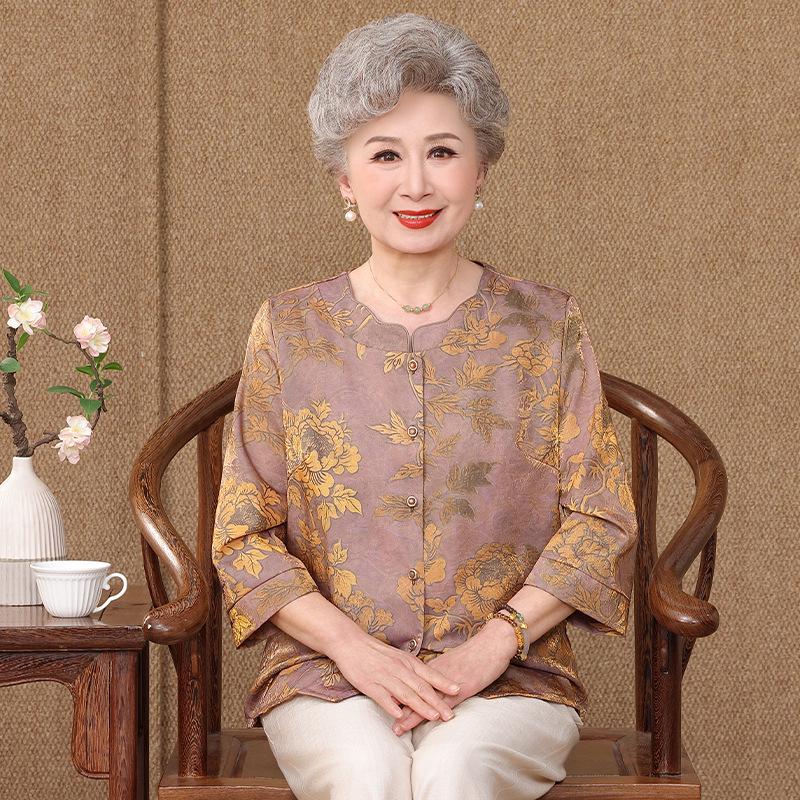 

Grandma s Summer 3/4 Sleeve Printed Shirt for Women 60-70 Years 2XL [115-125 jin]