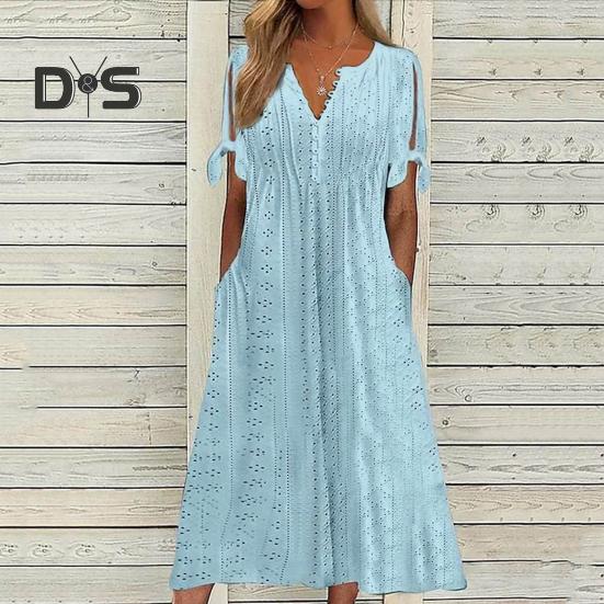 Women's Summer Maxi Dress Boho Eyelet Button V Neck Tie Knot Short Sleeve Midi Dress Summer Beach Vacation Sundress