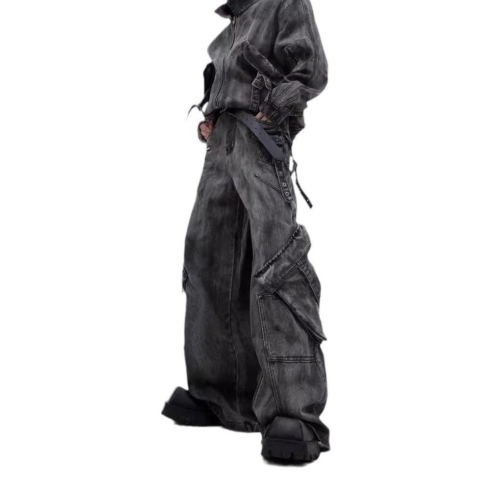 Men's Retro Washed Distressed Wide-Leg Jeans