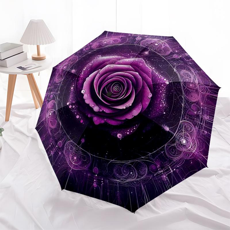 Purple Rose Mandala Art Automatic Opening Rain Umbrella - Portable Folding Design with Iron Frame - Outdoor Festival Gift for Fans, Traveler