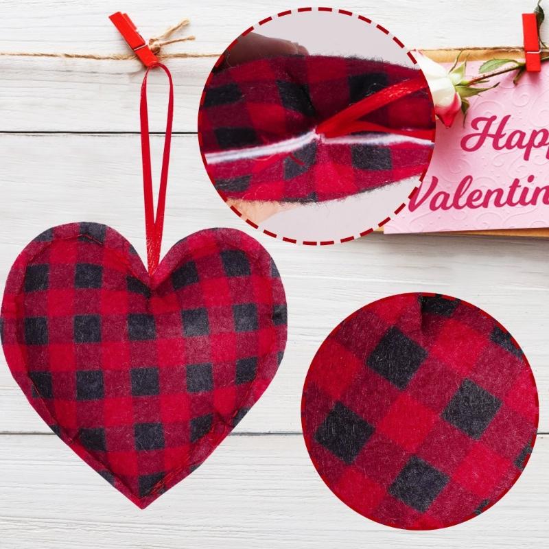 Pack of 12 Plaids Check Fabric Heart Shape Hanging Ornaments Pendants for Valentines Day Wedding Decors Party Supplies