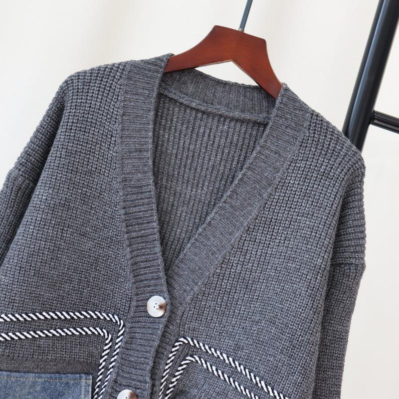 Autumn and Winter New Loose Splicing Denim Knitted Cardigan Design Sense Lazy Wind Sweater Jacket Women