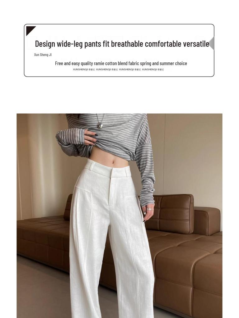 Women's High-Waisted Wide-Leg Linen Pants - White Summer Drape Style