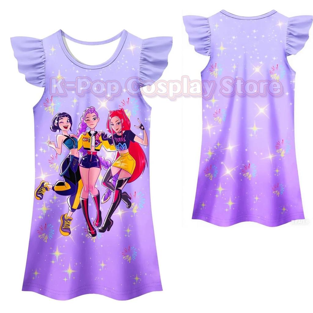 Huntrix Rumi Mira Zoey Kostümü Çocuklar Kpop İblis Avcıları Cosplay Elbisesi Bebek Kızlar için Yaz Geceliği Karnaval Partisi Vestidos