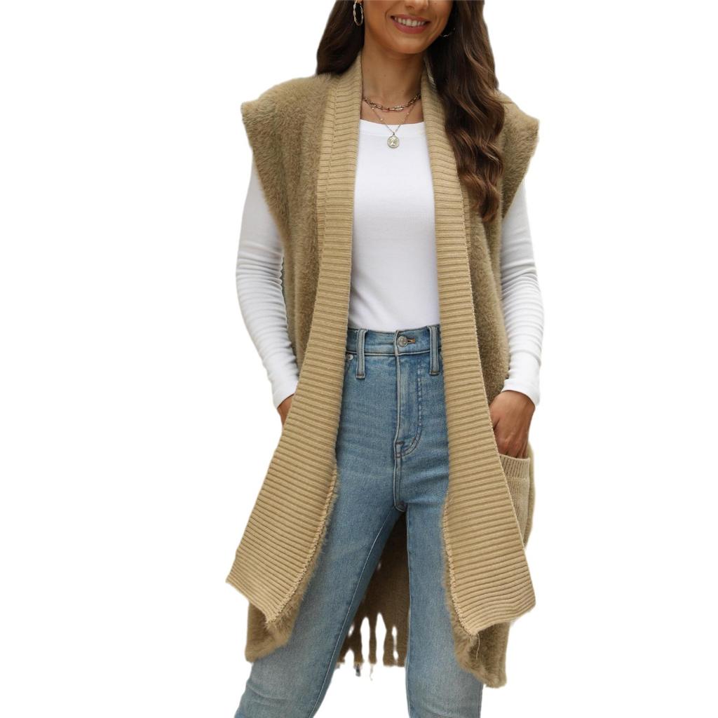 Women's Knit Sweater Fall and Winter Long Section Imitation Mink Hair Sleeveless Knitted Cardigan Sweater Women