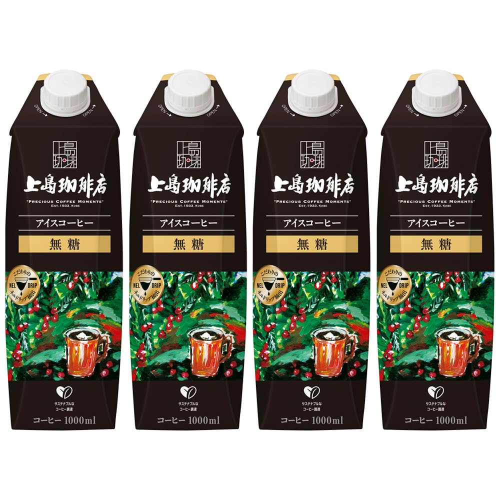 Ueshima Coffee Iced Coffee, Unsweetened, Paper Carton, 1000ml x 4 Bottles
