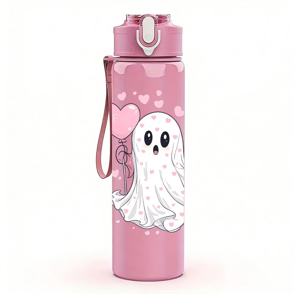 1PC Little White Ghost With Heart Print 750ml Color Plastic Sports Water Bottle Leakproof Flip Straw Lid Suitable for Sports Office Home Use