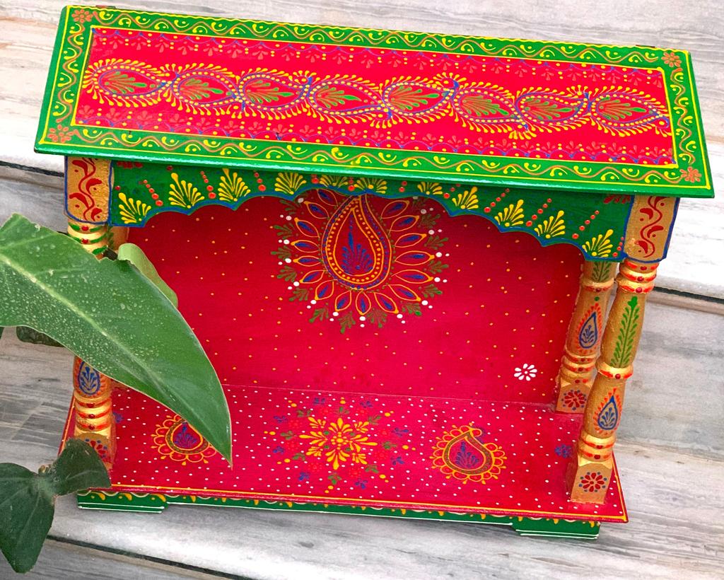 Handmade Painted Wood Mandir: Embossed Hindu Home Altar
