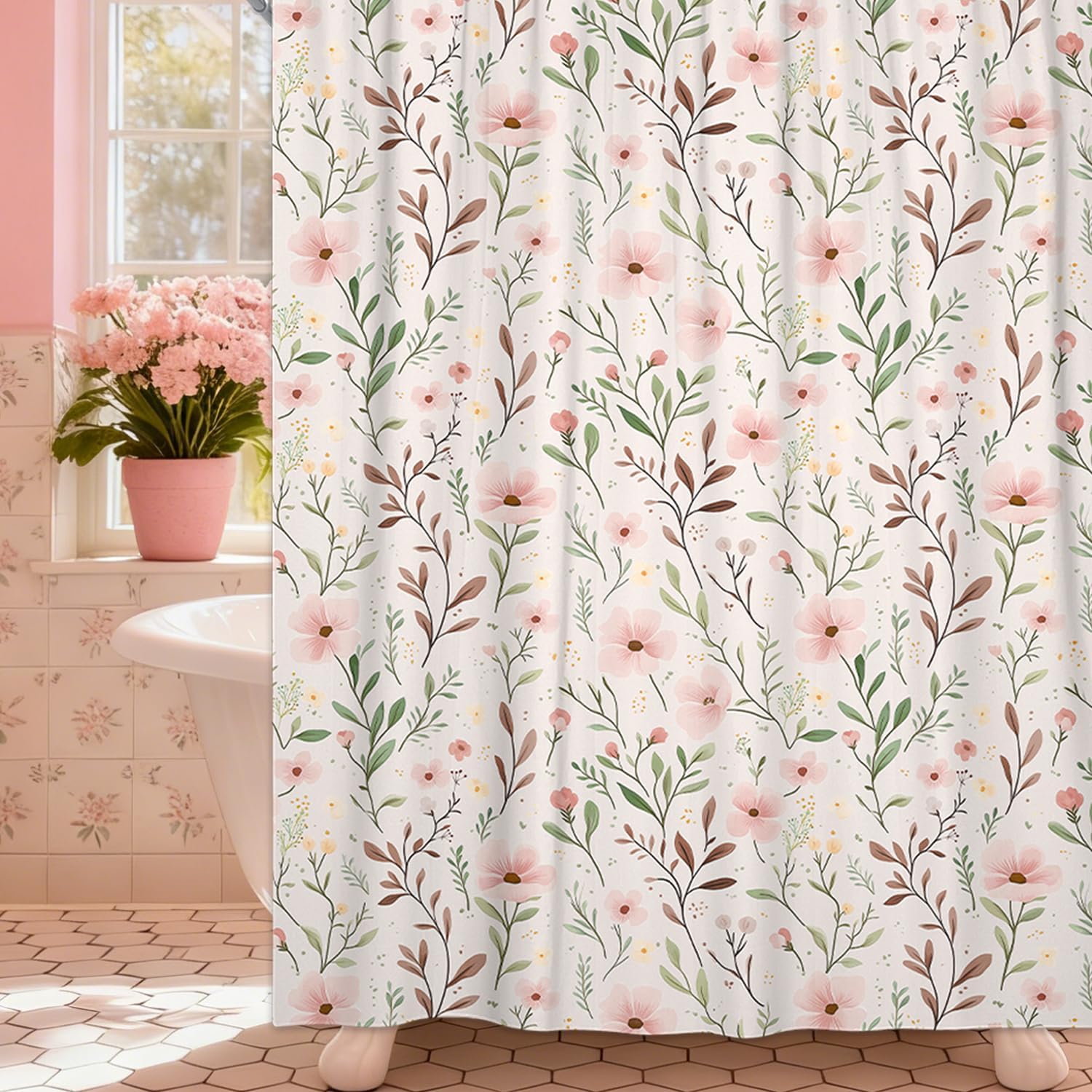 Pandara Jewelry Light/Pink Floral Shower Curtain – Delicate Leaves & Blossoms, Boho Farmhouse Cottagecore Bathroom Decor