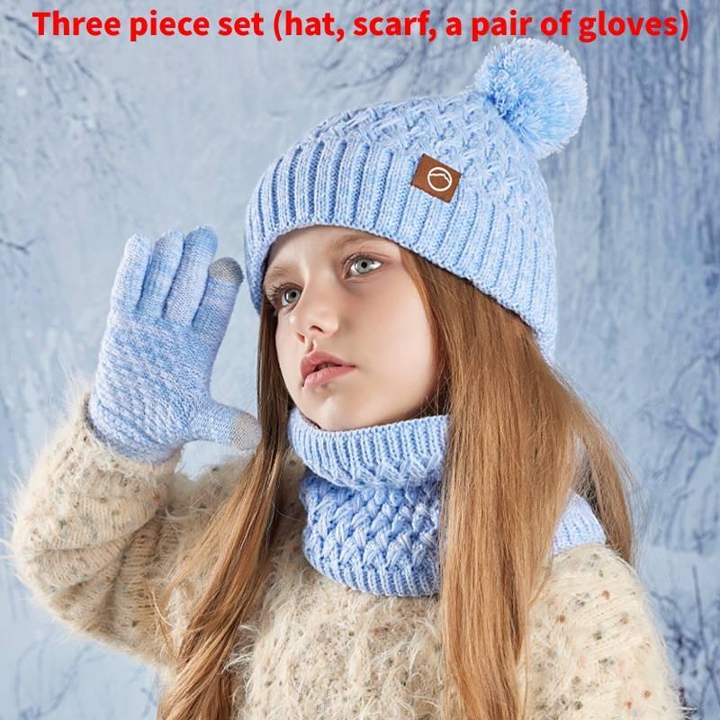 Childrens Cozy Knitted Hat Three Piece Set With Windproof Features For Winter Play Sky