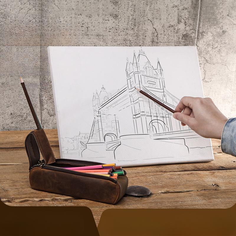 Vintage Crazy Horse Leder Kreatives Federmäppchen Handgefertigt Doppelter Reißverschluss Große Kapazität Schüler Stifteaufbewahrungsetui