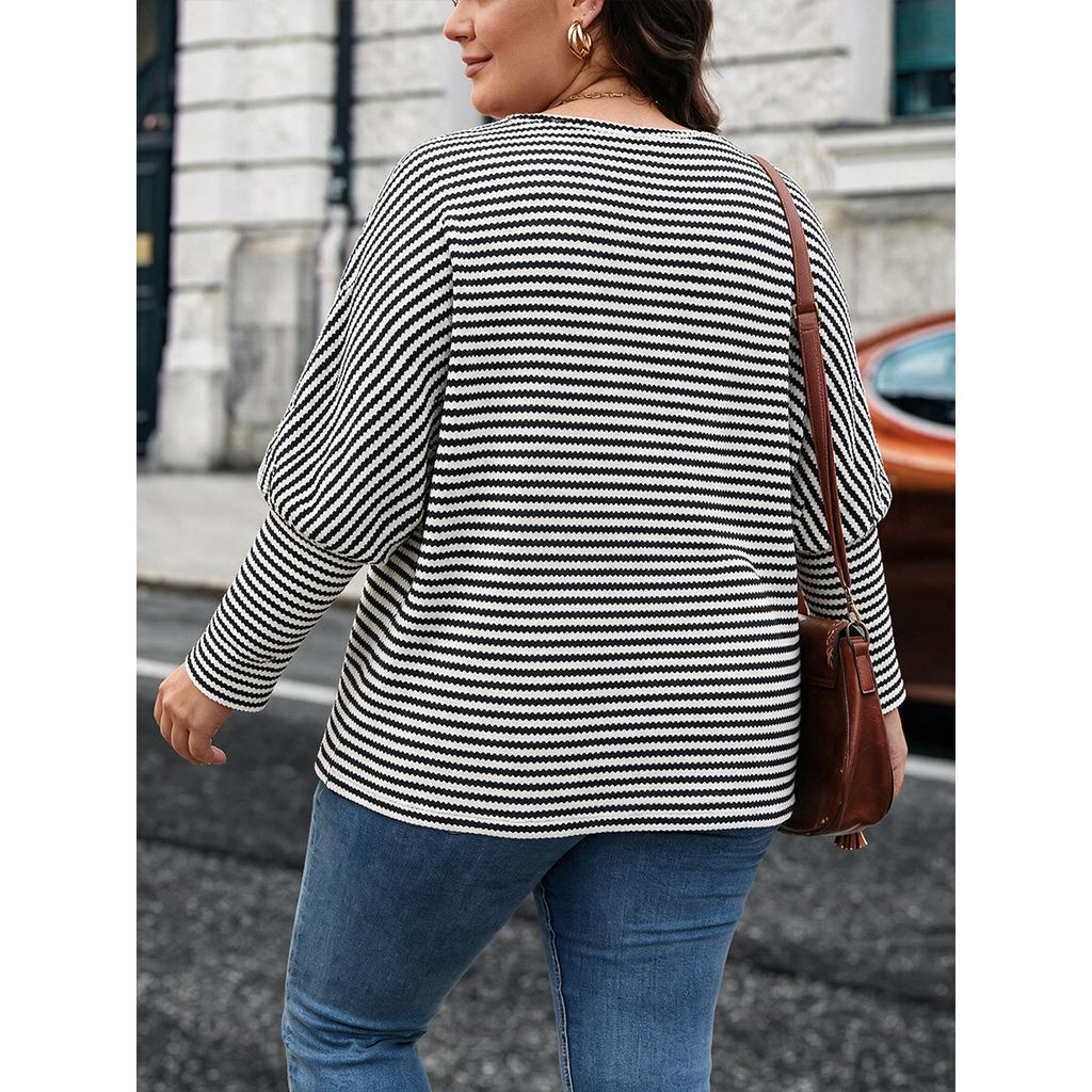 Women's Large-size Striped Long-sleeved Top with Round Neck and Loose Knit. Casual Base Layer Shirt.