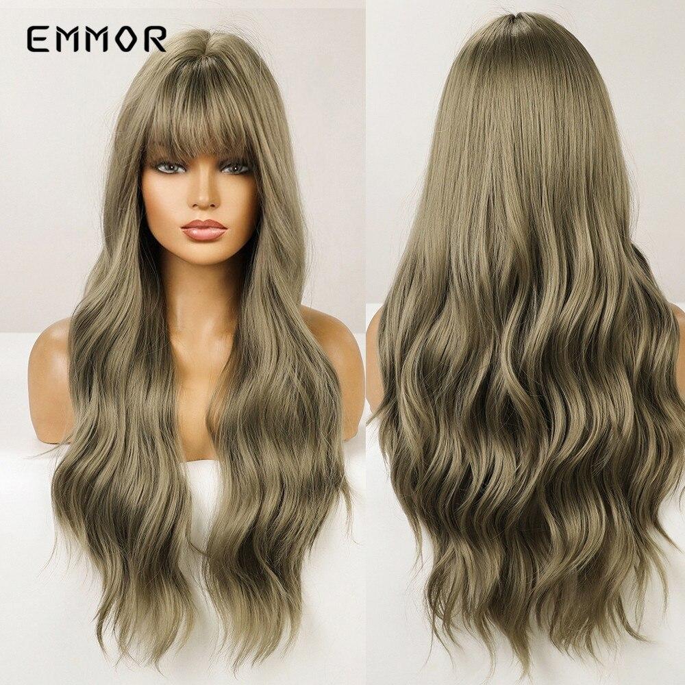 Women Long Body Wavy Synthetic HairTypeWigs Ash Gray Blonde Cosplay Party Lolita Wig with Bangs