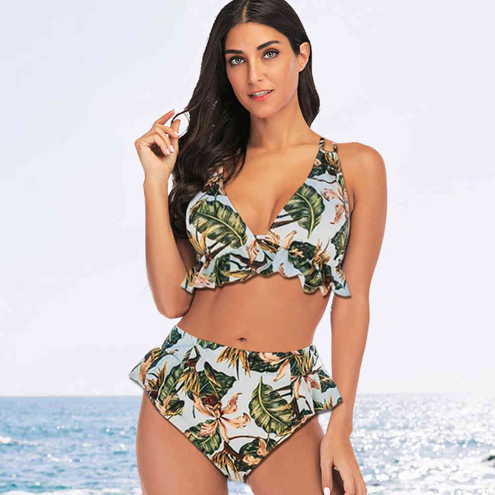 Women Print Swimsuit V Neck Two Piece Swimwear Ruched High Waist Bikini Set