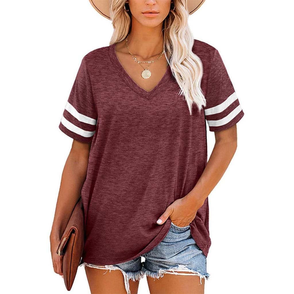 Sommer Neues Damen locker V-Ausschnitt gestreiftes Kurzarm-T-Shirt, lässiges Oberteil für Damen, grenzüberschreitende Kleidung