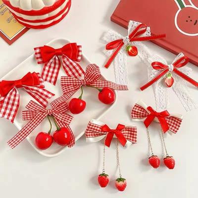 1pair Red Cherry Side Bangs Clip Cloth Bow Strawberry Side Hairpins Cute Bow Hairpins  Girls