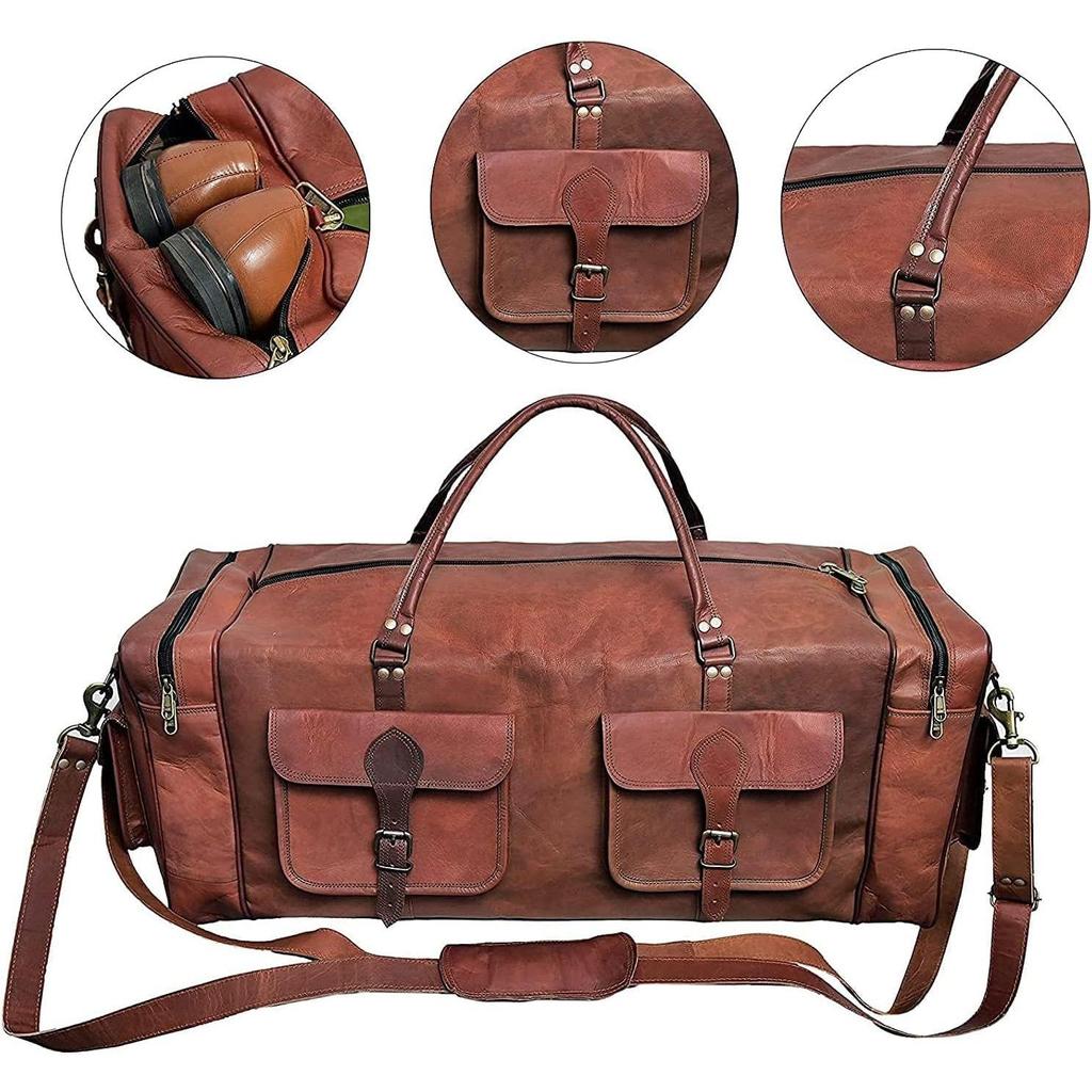 Große Reisetasche aus echtem Vintage-Ziegenleder, handgefertigt, für Fitnessstudio, Wandern, Vintage-Braun, Tragetasche für alle echten Reisetaschen