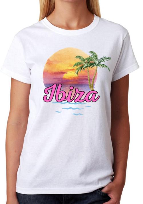 Ibiza Sunset Palm Tree Vacation Art Ladies T-Shirt Travel Tee S