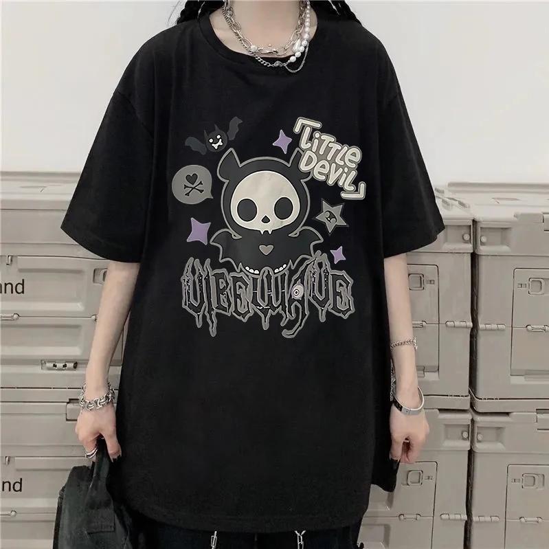 Nuova T-shirt da Donna Harajuku Y2K Top Retro Coreano Kawaii Demone Pipistrello Punk Gotico Teschio Stampato Abbigliamento da Uomo Estivo Fresco Magliette Slim