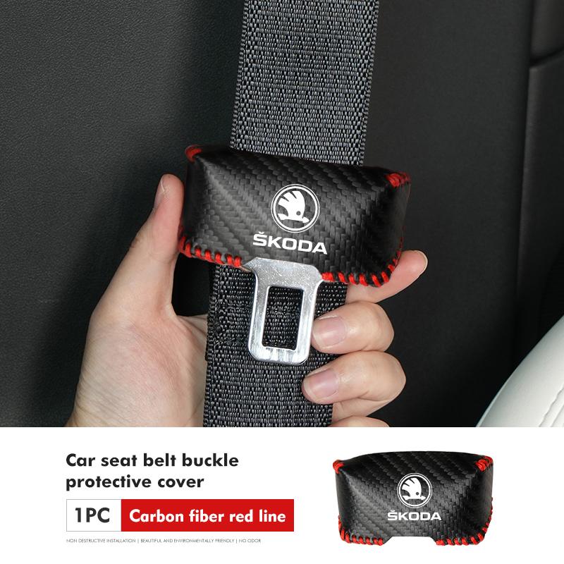 VIJT4 Car Seat Belt Buckle Plug Leather Car Seat Belt Clip Protective Covers For Skoda Octavia A5 A7 RS Fabia Superb Rapid Karoq