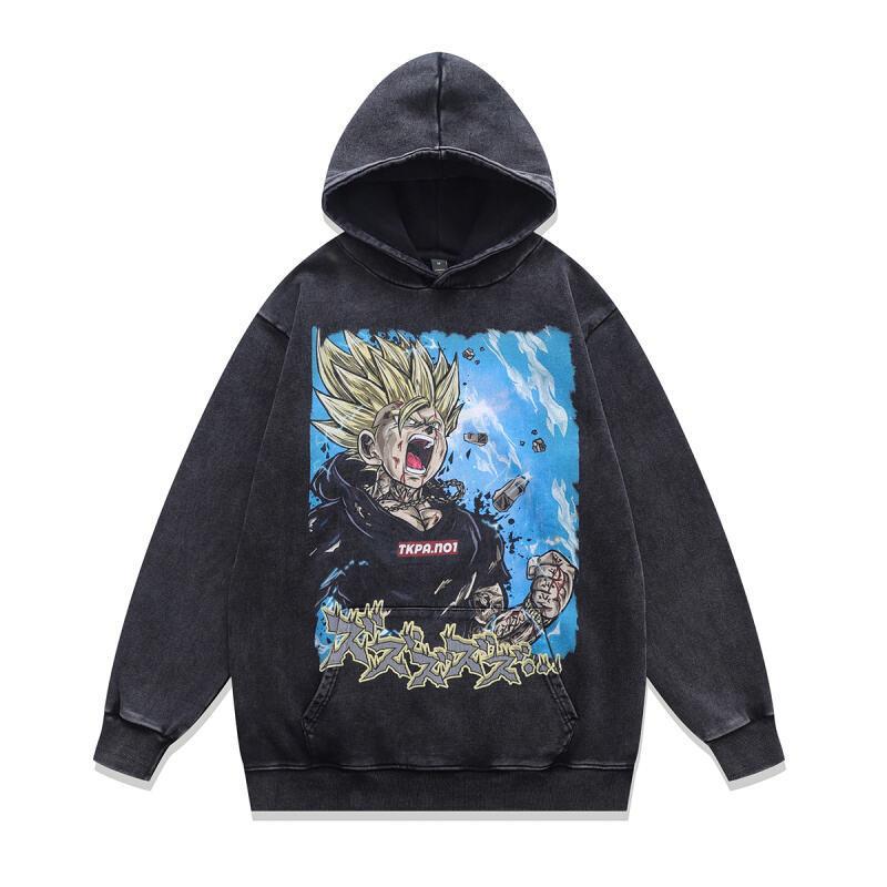 Japanese Cartoon Animation Direct Injection Printing Hooded Sweater Men'S Retro Washed Old Cotton Hoodie Men