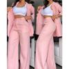 Women's Elegant Solid-Color Two-Piece Suit Set - Notched Lapel Blazer with Slit Sleeves & Straight-Leg Pants with Slant Pockets