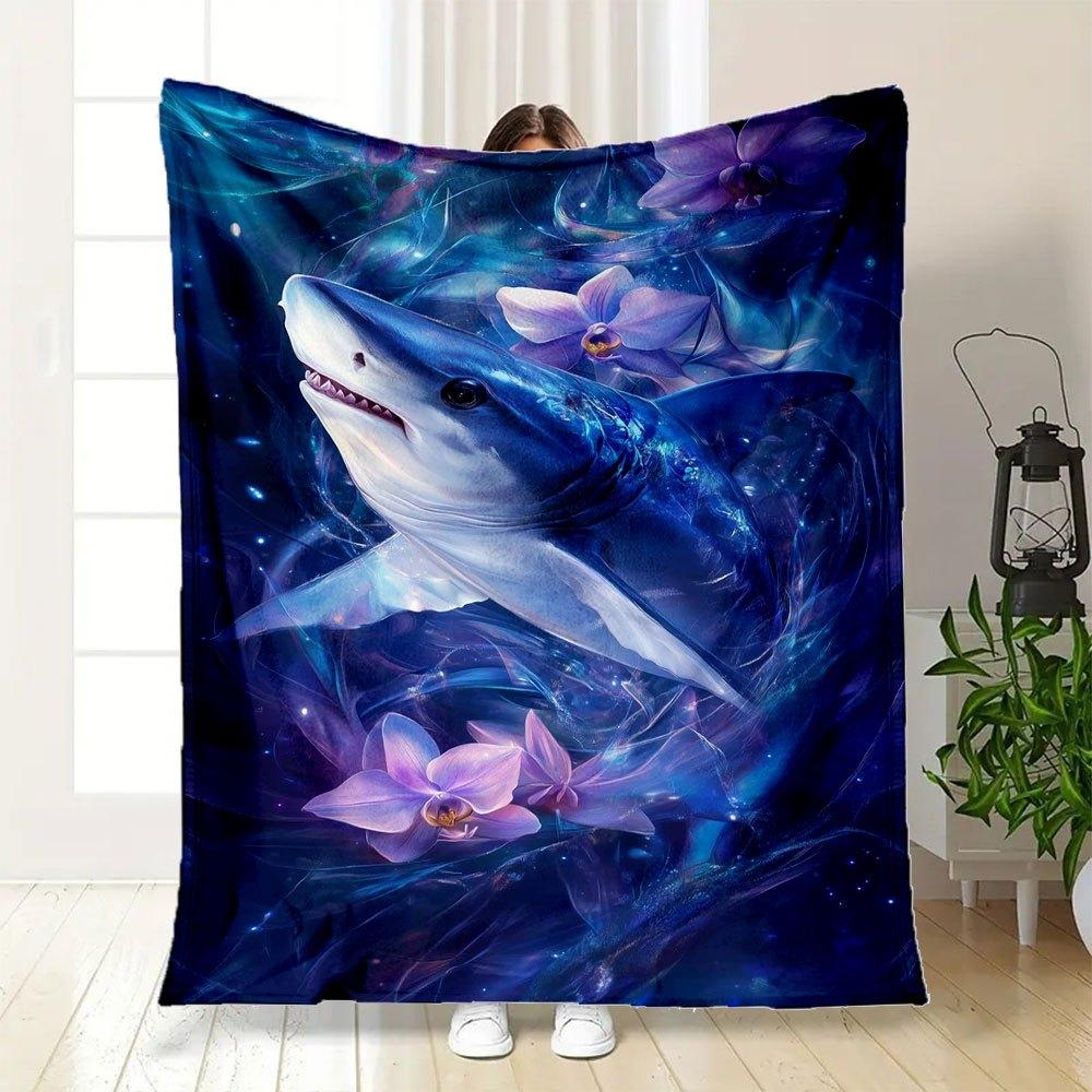 "Enchanted Ocean: Mystical Shark Art Print"Blanket Flannel Throw Blanket for Sofa, Bed, Travel, Camping, Office, Couch, Chair, And Bed Gift