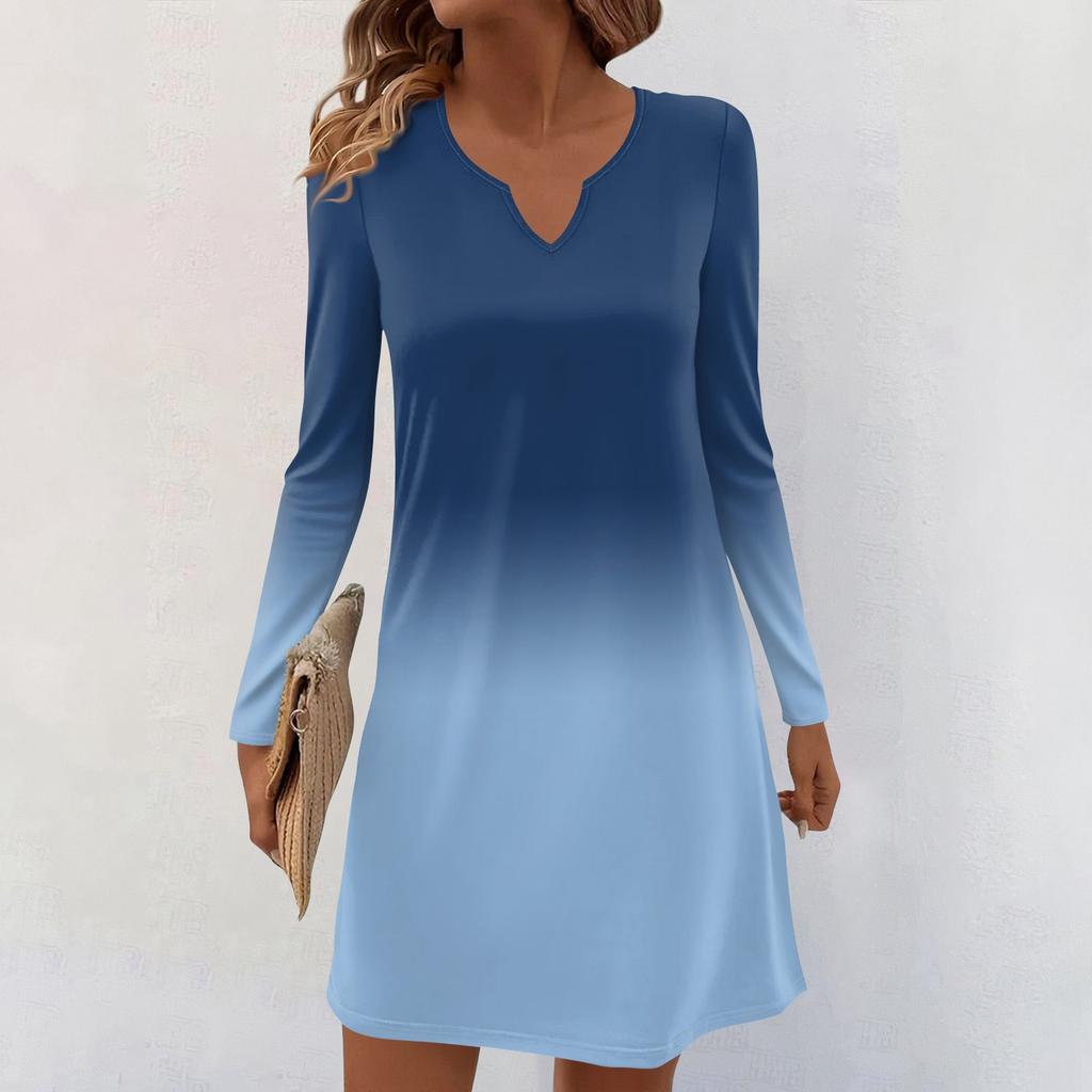 Women's Long-sleeved Casual Midi Dresses V-Neck Print  Casual Dress