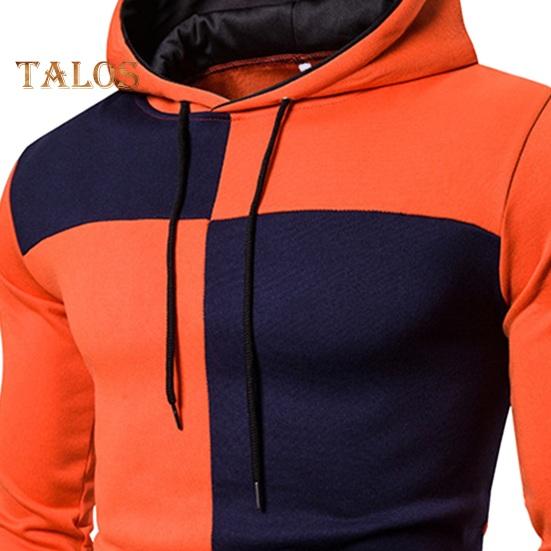 Men Fall Winter Hoodie Colorblock Drawstring Long Sleeves Big Pocket Hooded Retro Thin Loose School Daily Wear Casual Sport Top