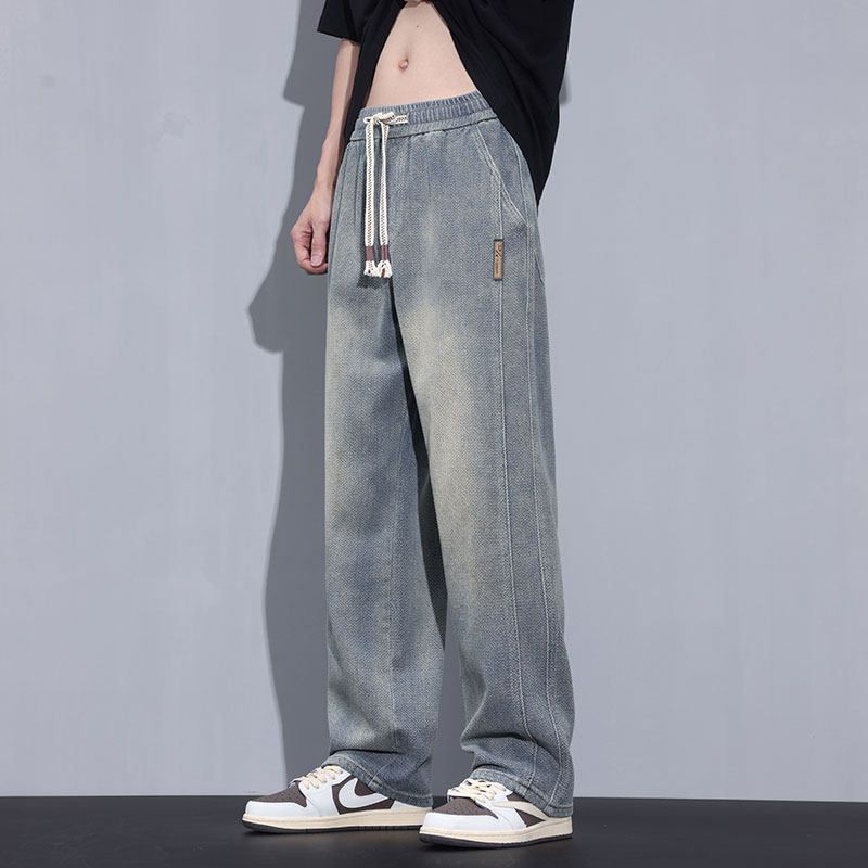 Men s Summer Thin Starry Sky Pattern Jeans, High Street Style, Loose Retro Casual Versatile Straight-Leg Pants Retro Blue L