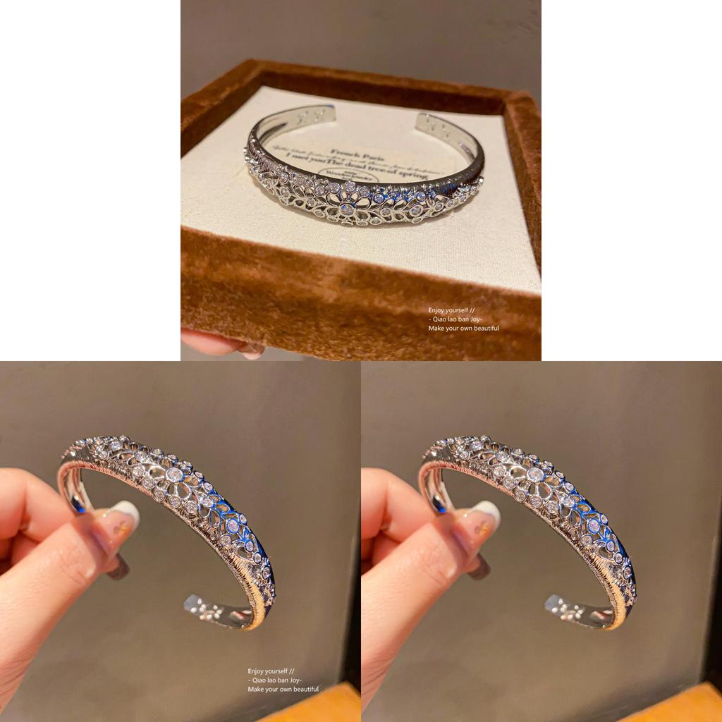 Vintage Silver Zircon Open Bracelet With Geometric Design For Fashion Accessories