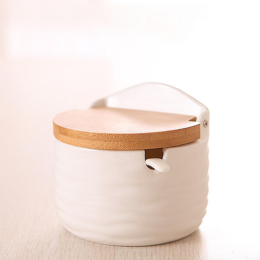 Salt Bowl with Lid and Spoon Ceramic Container for Storing Spices and Seasonings Kitchen Countertop Decorative Sugar Jar