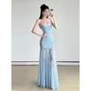 Blue lace mesh suspender dress women's summer seaside vacation beautiful fishtail hip dress