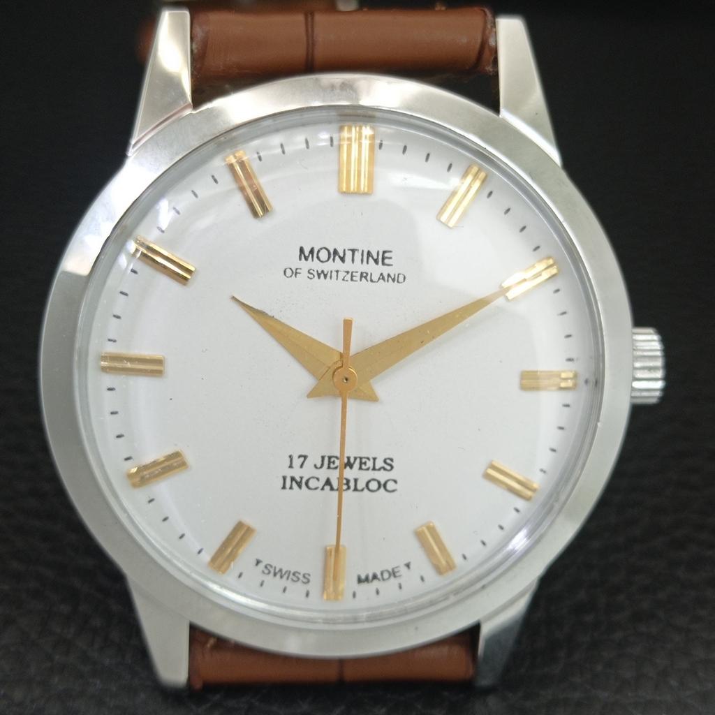 OROLOGIO DA UOMO SVIZZERO MONTINE VINTAGE A CARICA MANUALE QUADRANTE BIANCO RISTRUTTURATO a445196-1