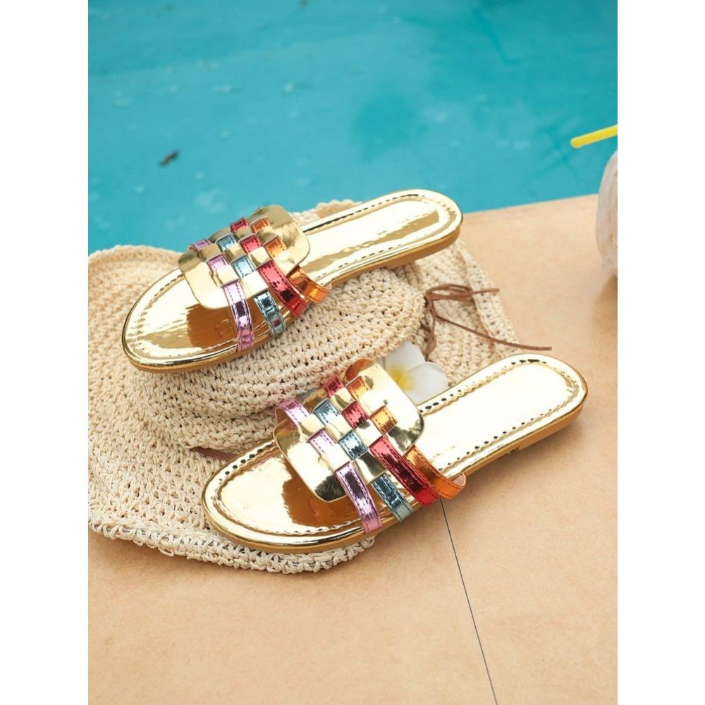 Women's Color Block Chunky Heel Slide Sandals, Square Toe Patent Leather Comfort One-Strap Sandals for Women