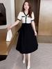 Chic French-Inspired Black V-Neck A-Line Dress - Slim Fit, Waist-Cinching, Casual Korean Style for Women, Perfect for Summer