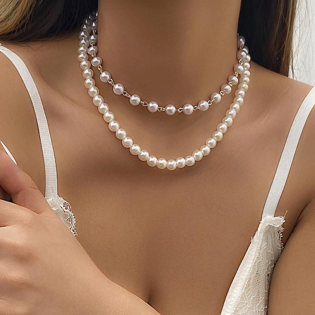 Layered Heart Diamond Necklace with Beads and Imitation Pearls - Women's European Multi-Layer Jewelry