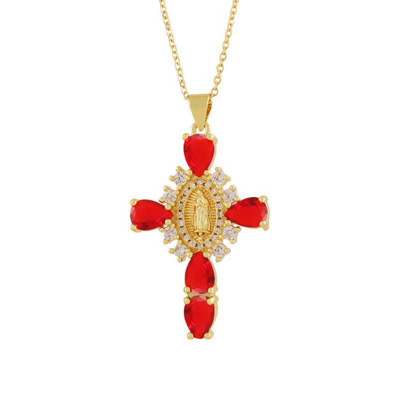 Copper Plated 18K Gold Cross Pendant Necklace with Multi-color Zircon Embellishments