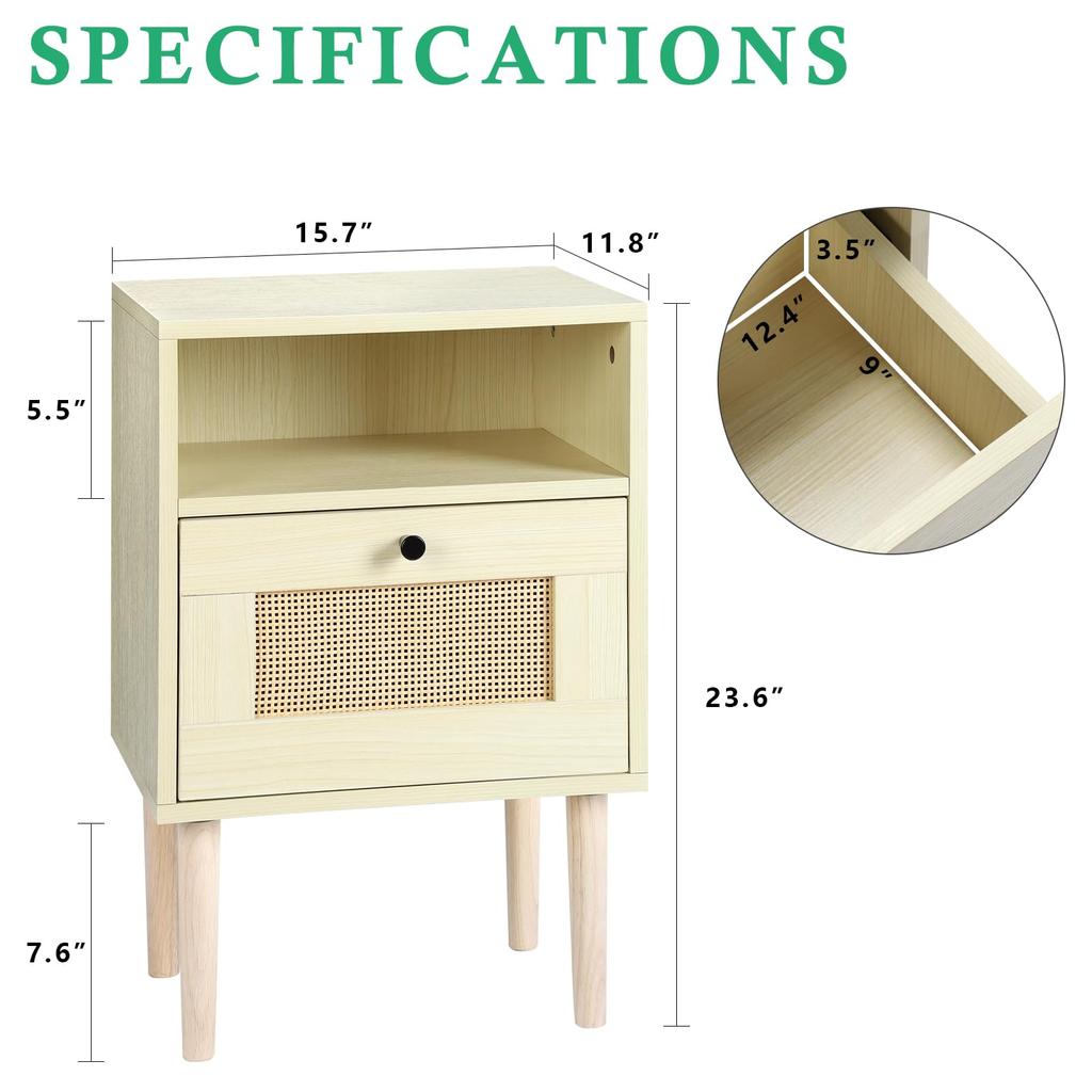Modern Bedside Table with Rattan Drawer, Bed Side Table with Storage Shelf & Solid Wood Feet, End Table